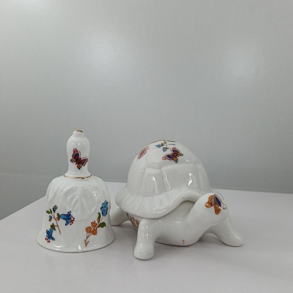 Trinket Box Turtle And Bell Ardalt Taiwan White Floral Figurines set